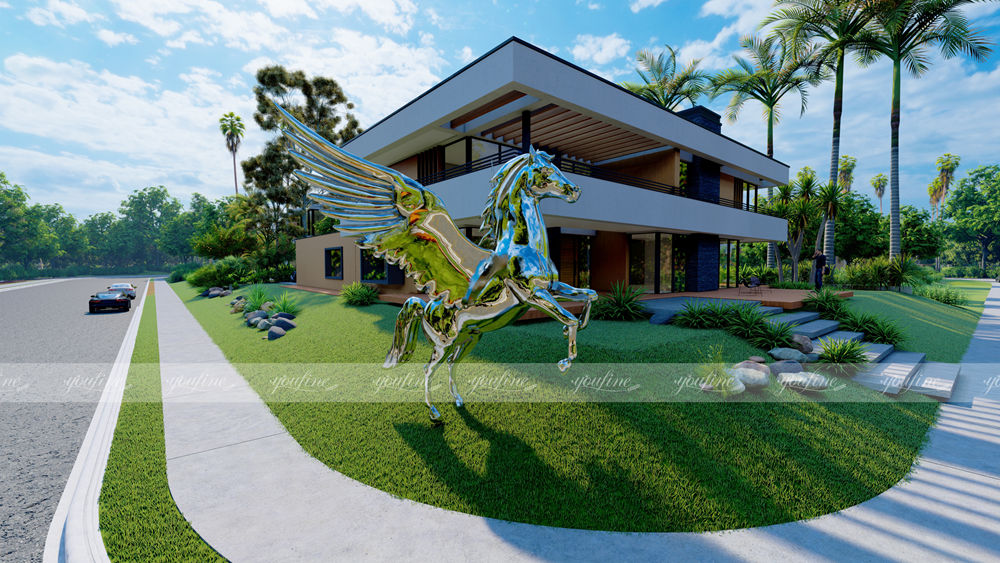 mirror polished metal pegasus sculpture