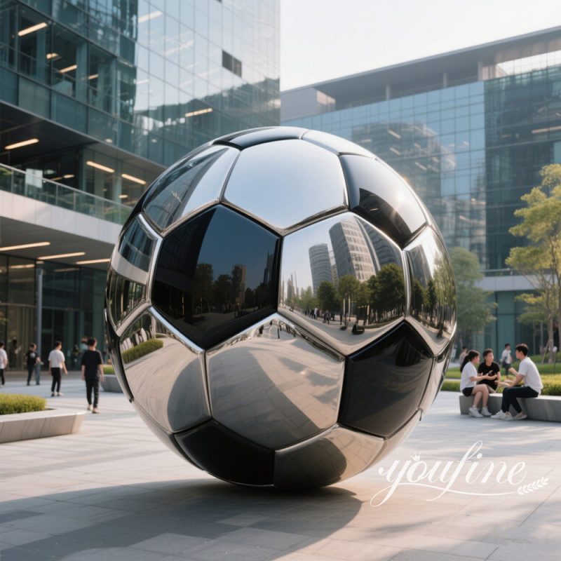 polished metal soccer ball sculpture