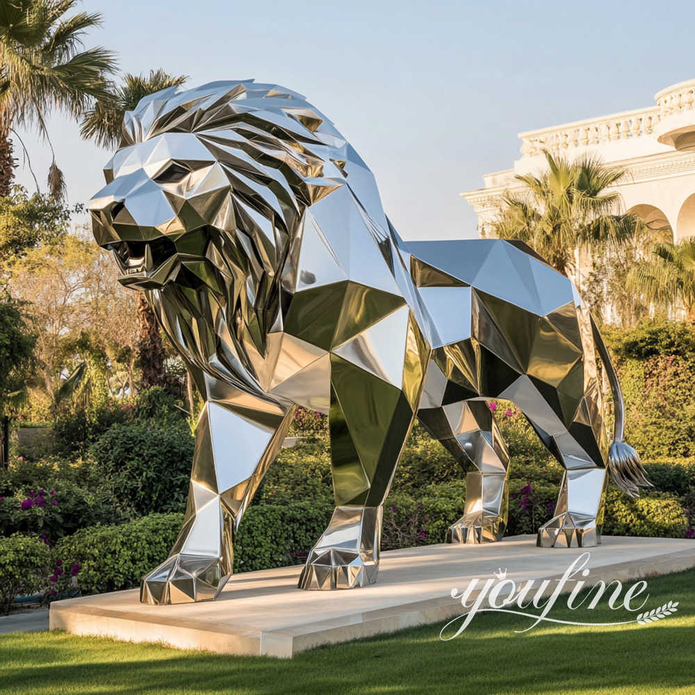 modern stainless steel lion sculpture