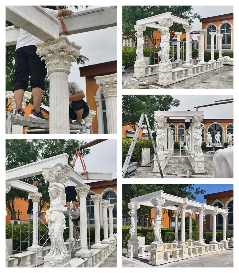 large Classical Marble Pergola with Greek Goddess Statues installation