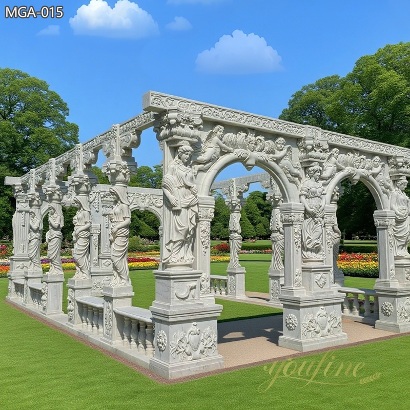 Marble Outdoor Hallway White Gazebo with Grecian Maidens Statue MGA-015