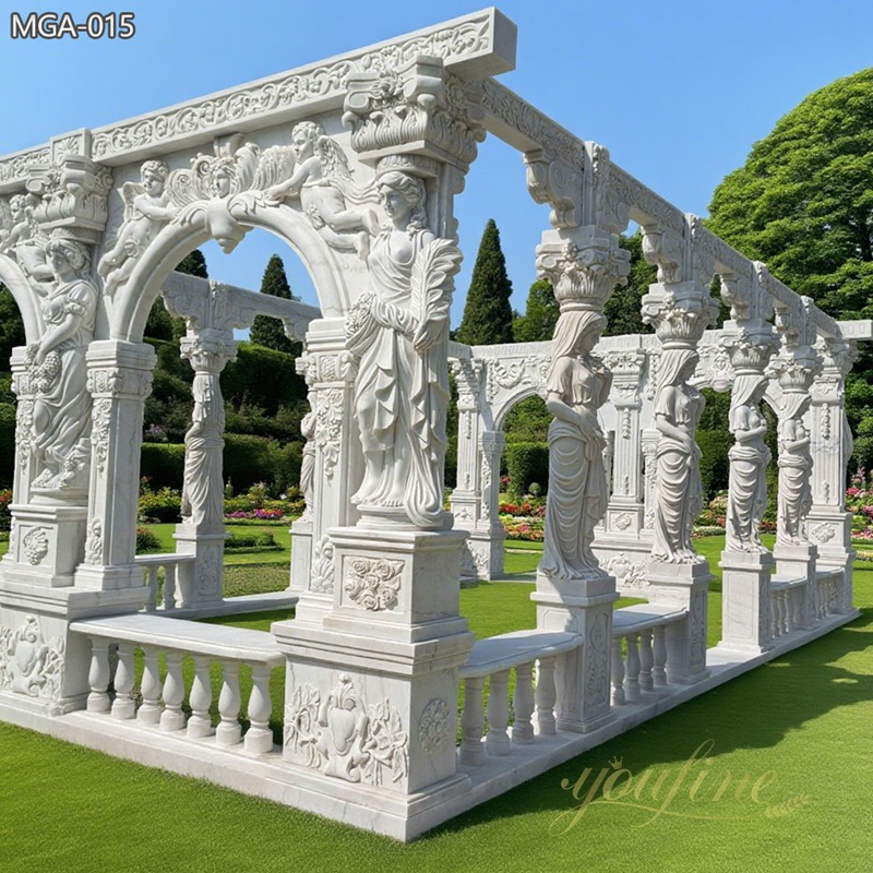 natural Marble Outdoor Hallway White Gazebo with Maidens Statue