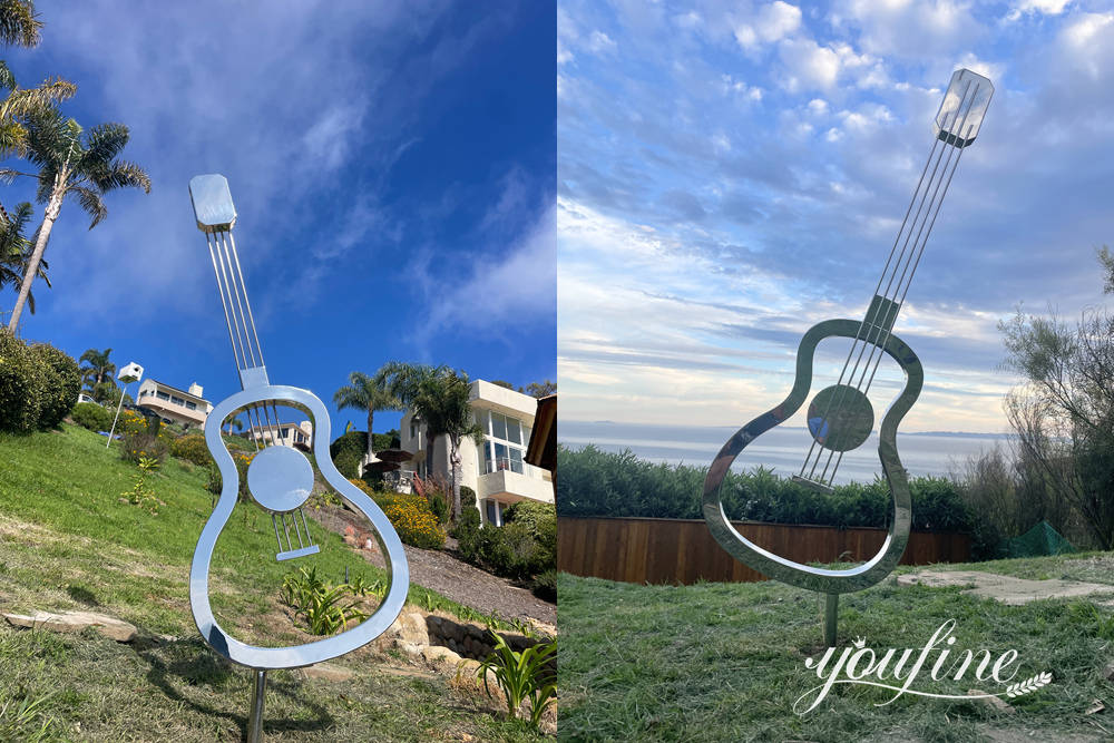 Mirror-polished stainless steel guitar sculpture