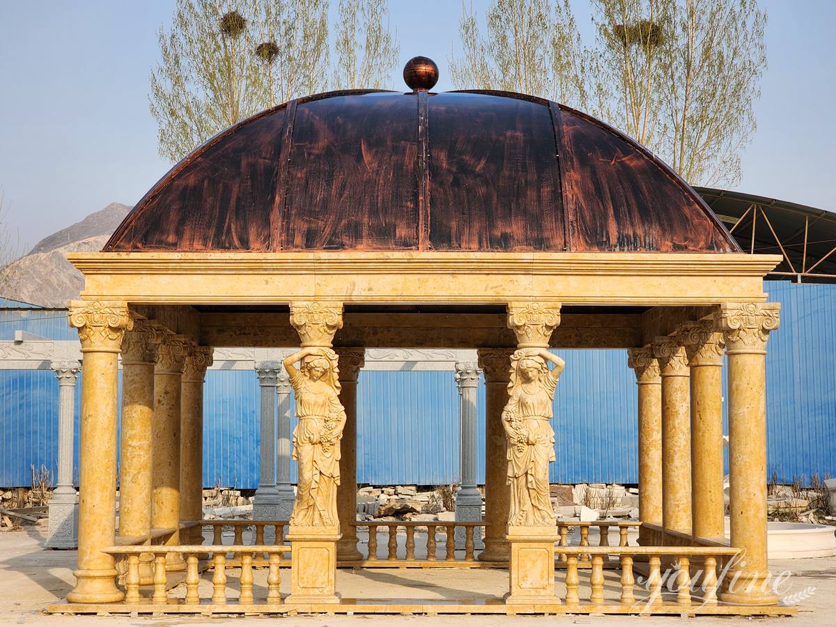 large beige marble gazebo with female statue