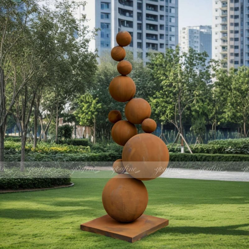 outdoor corten steel sphere sculpture