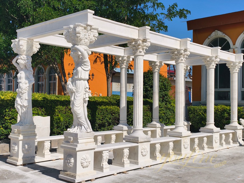large outdoor hand carved Classical Marble Pergola with Greek Goddess Statues
