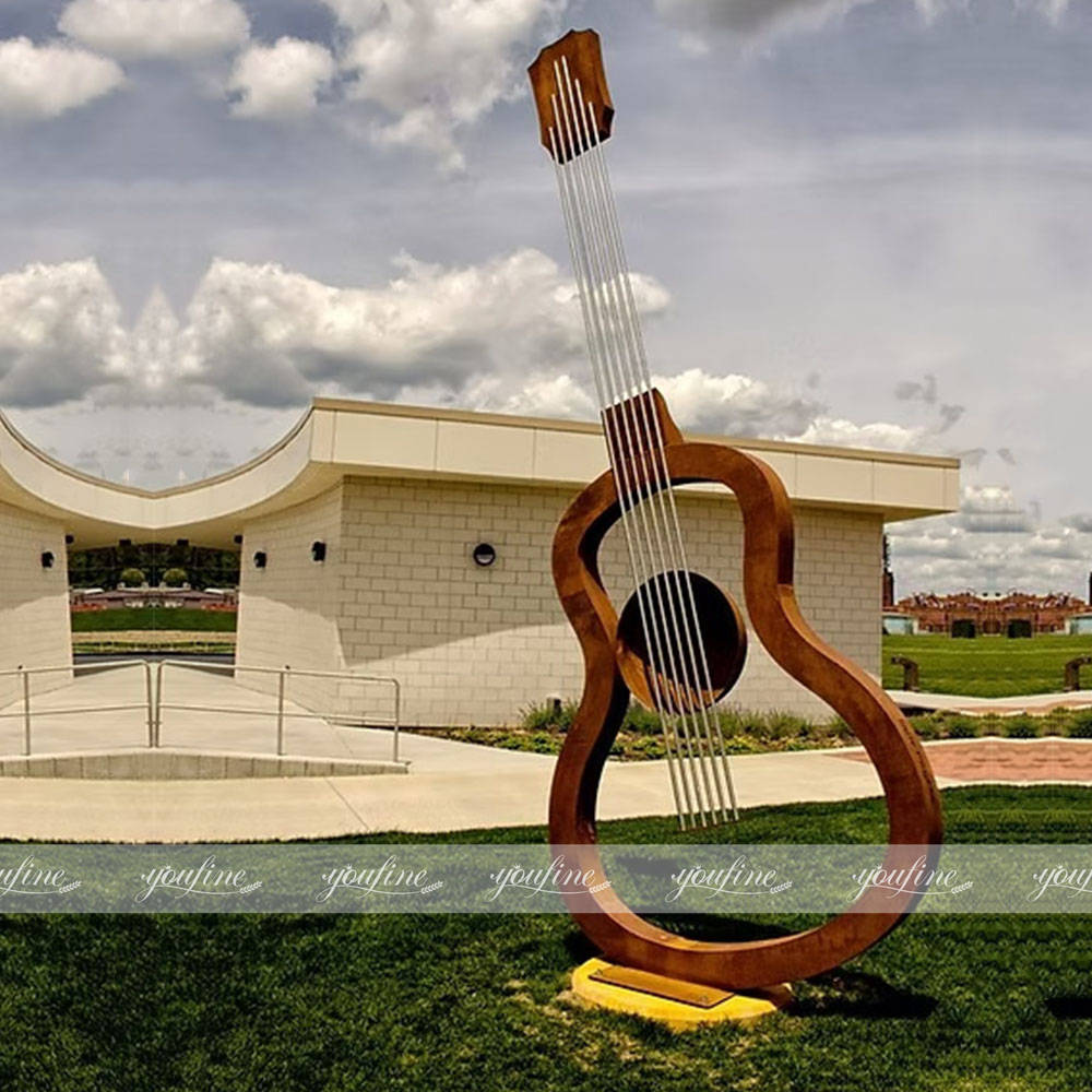 large outdoor corten steel guitar sculpture