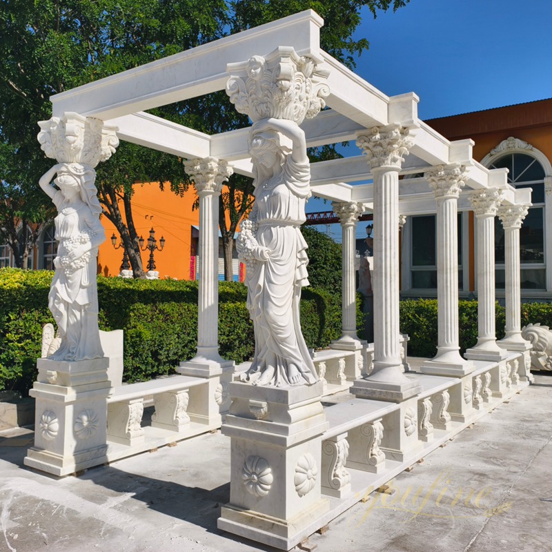 hand carved white Marble Pergola with Greek Goddess Statues