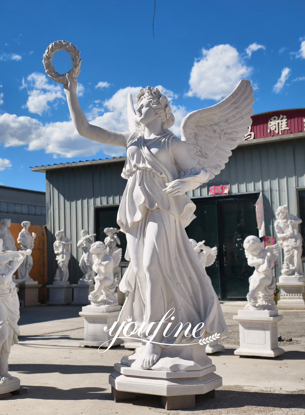 6ft white Angel Statue with Laurel Wreath