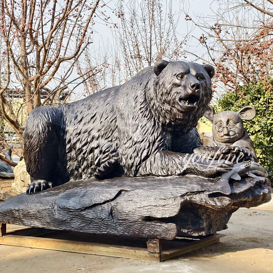 Bronze lying bear with fish statue