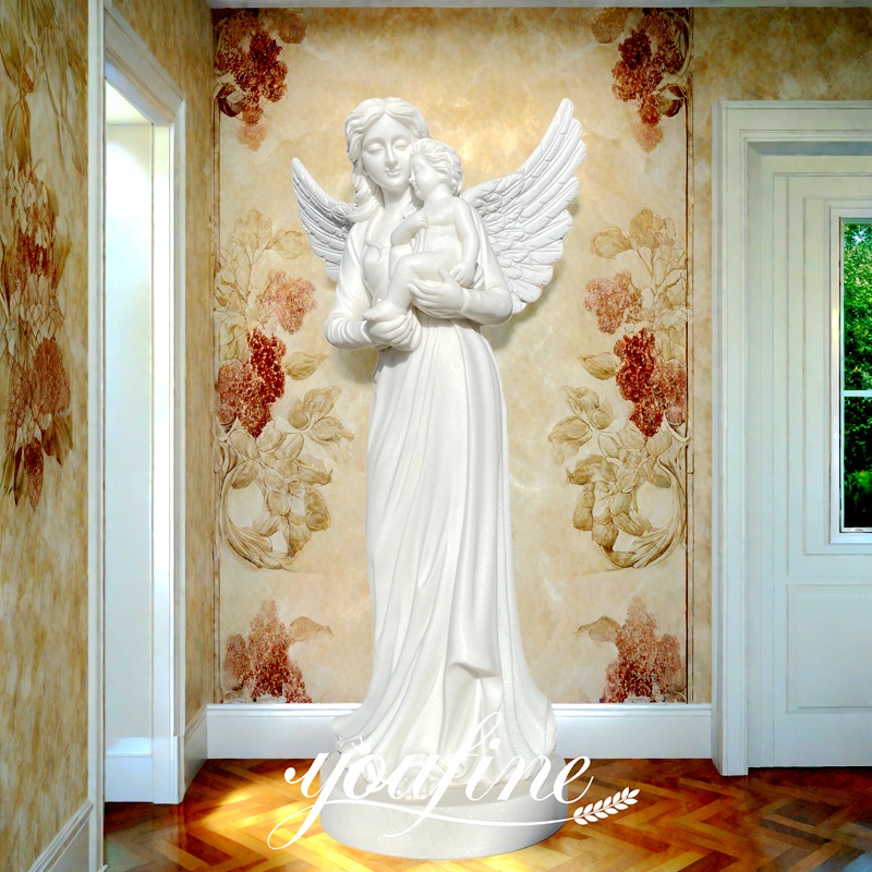 Hand carved marble Mother angel holding baby statue