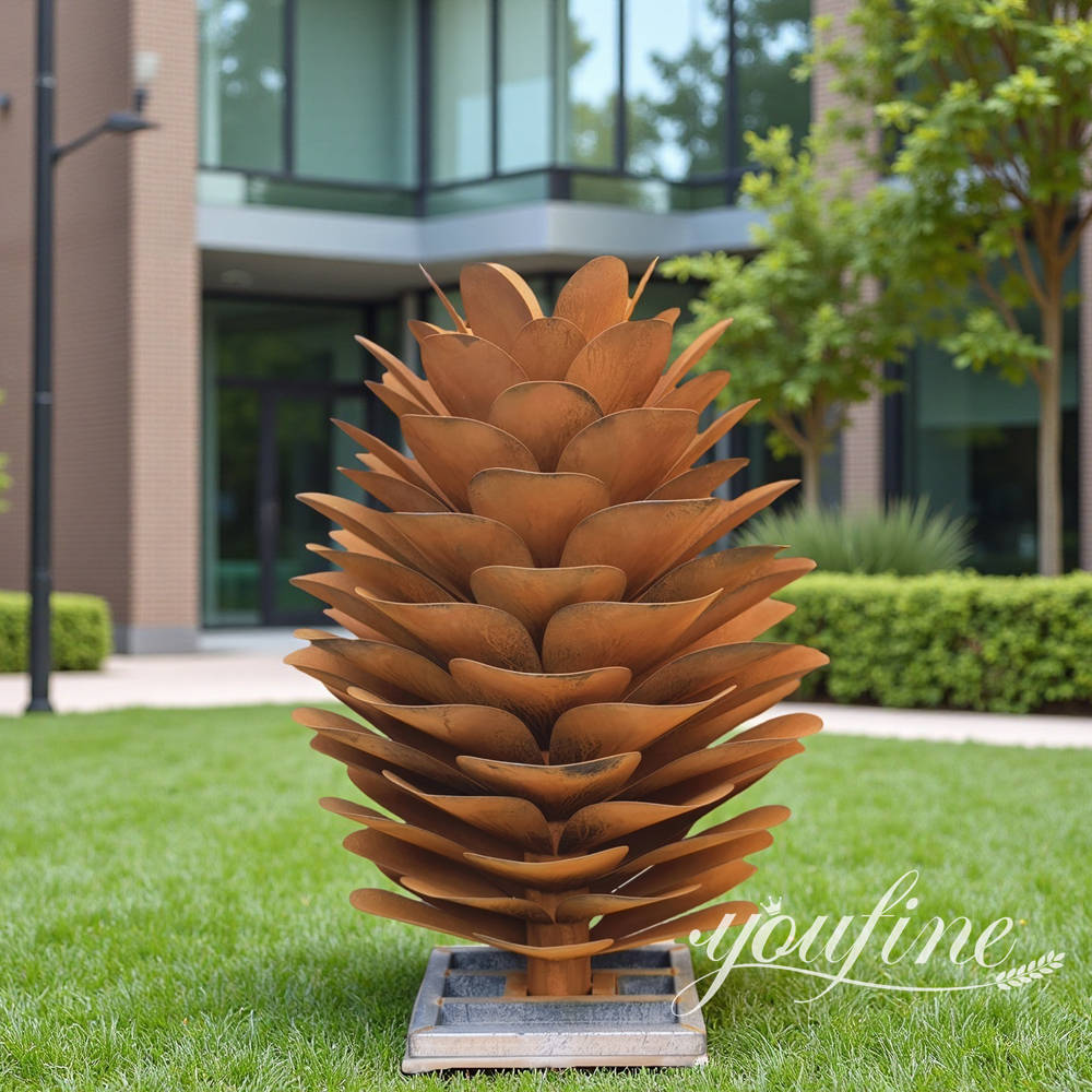 corten steel art pine cone sculpture