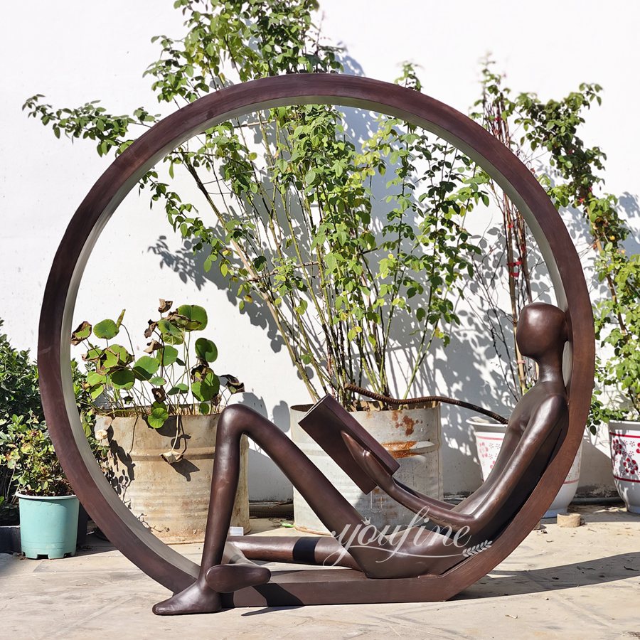 Bronze Abstract Man Reading Sculpture Inside A Circle BAB-018