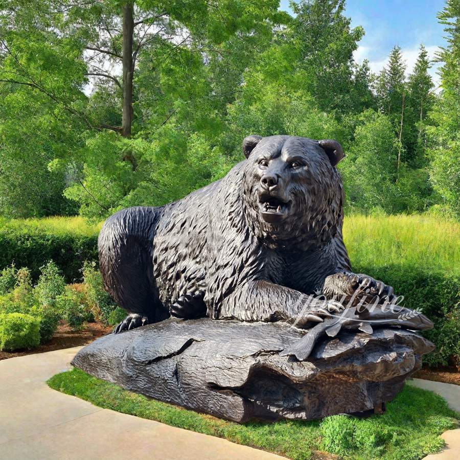 Bronze Lying Bear with Fish Statue BAN-482