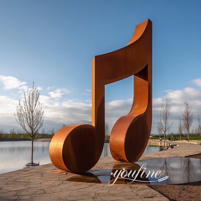 large outdoor corten steel music note sculpture