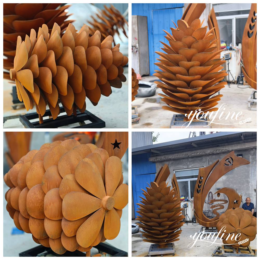 corten steel pine cone sculptures 