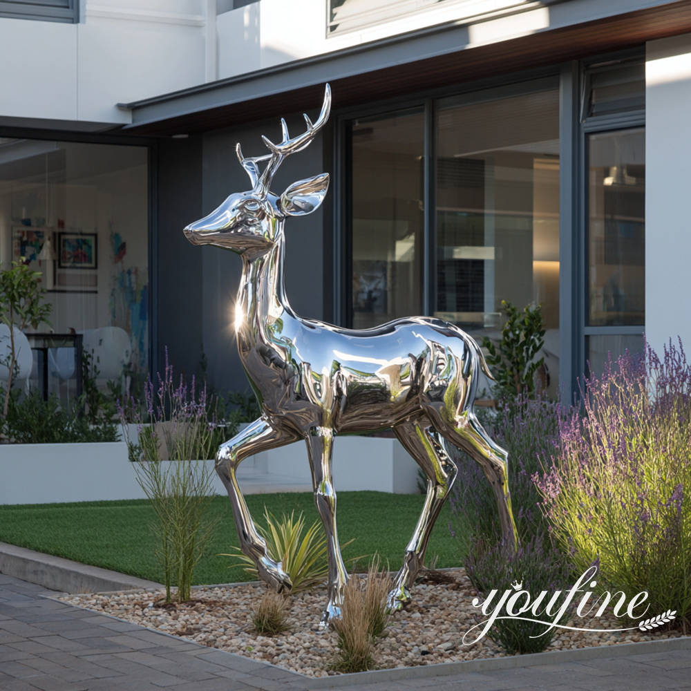 polished stainless steel deer sculpture