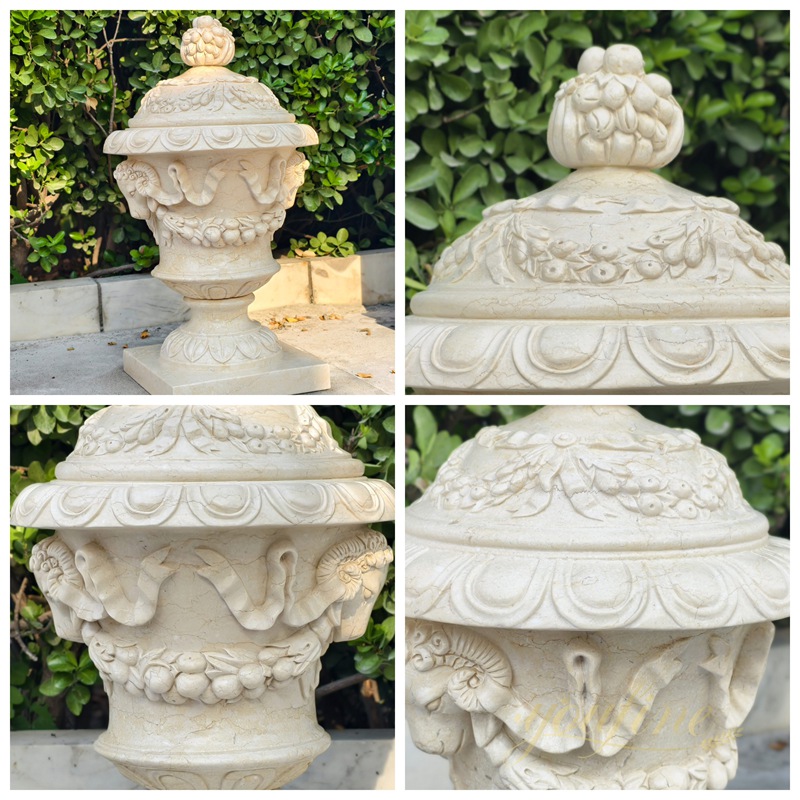 hand carved Classic Garden Beige Lidded Stone Planter details