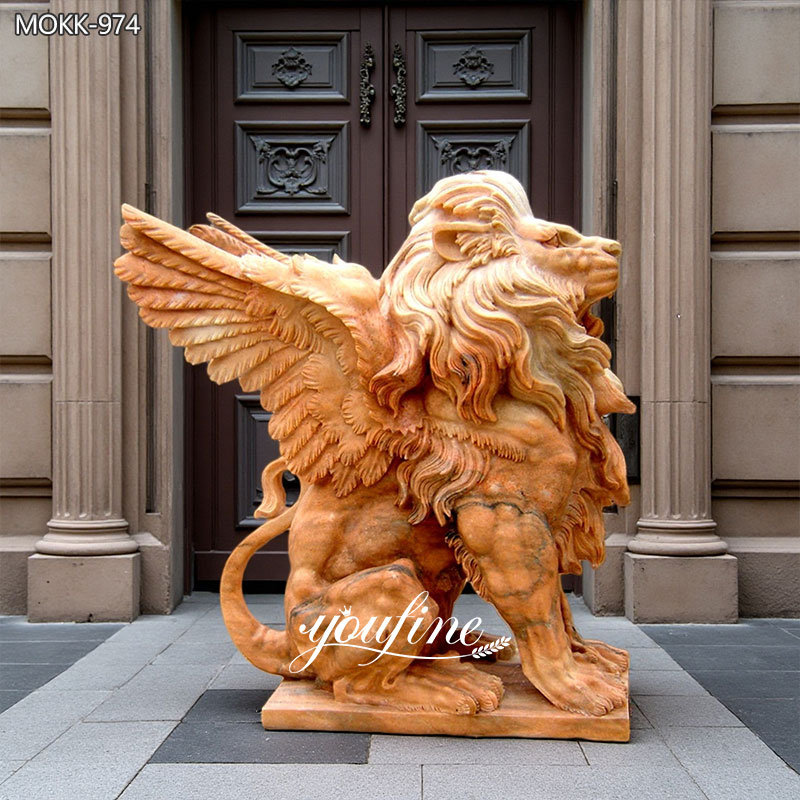 Red Marble Lion Statue with Wing