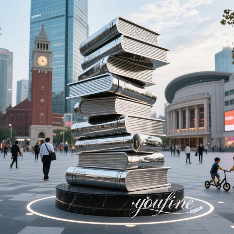 large metal book sculpture for public decor
