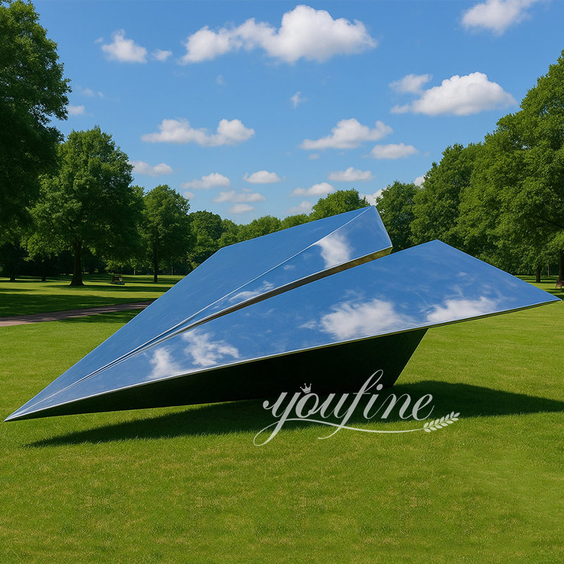 mirror polished steel paper ariplane sculpture