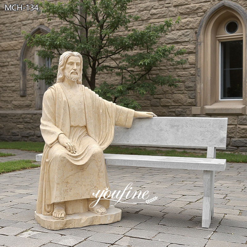 Marble Jesus Sitting on a Bench Sculpture