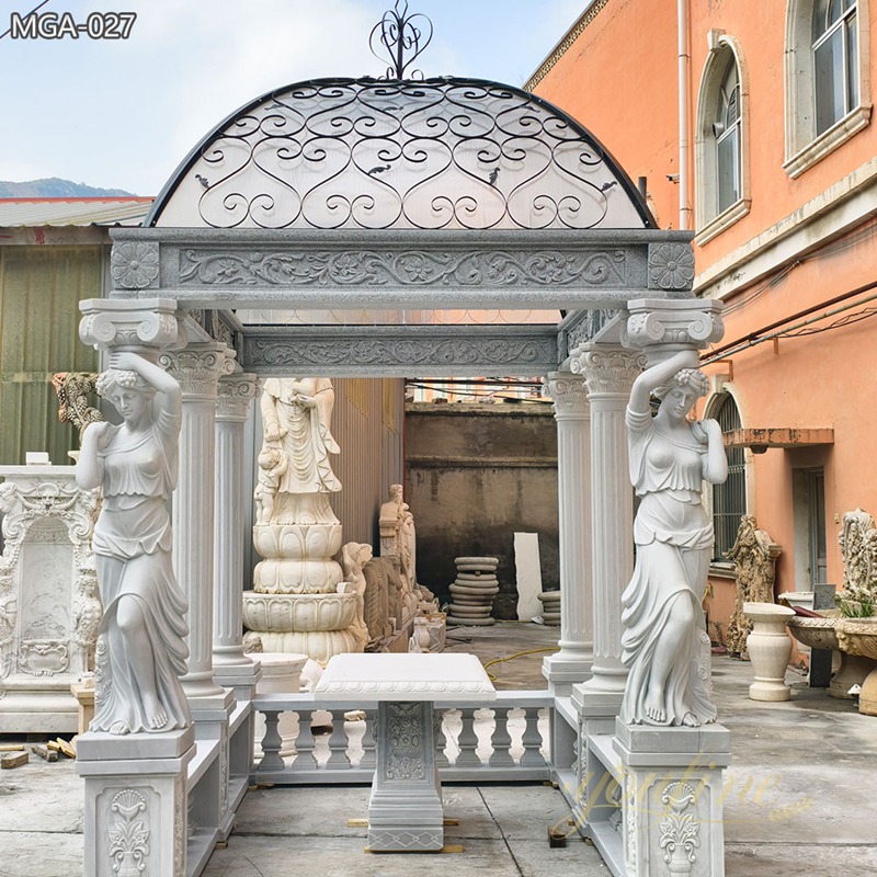 natural Large Marble Rectangular Gazebo with Iron Top and Table