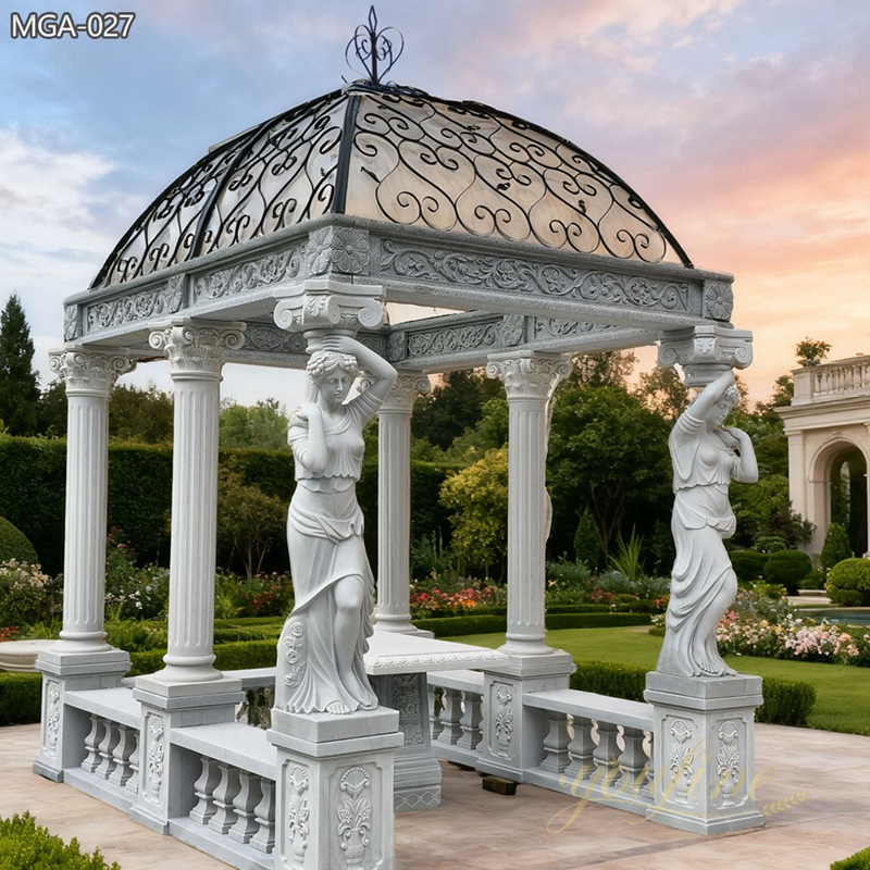 Large Rectangular Marble Gazebo with Iron Top and Table MGA-027