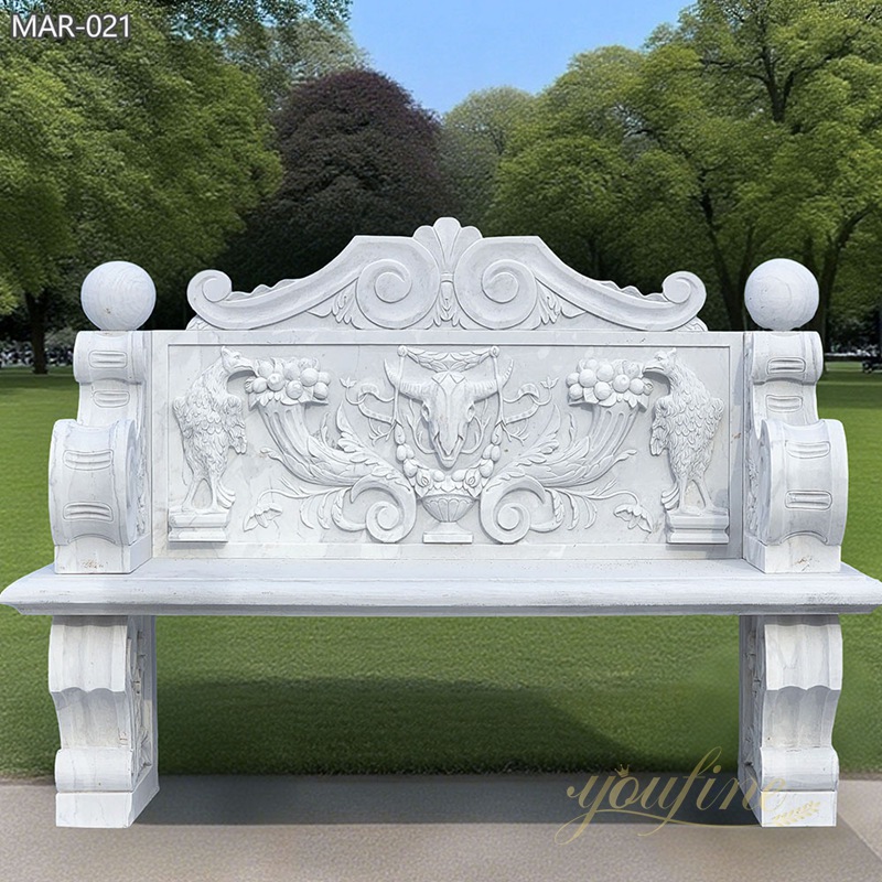 outdoor Marble Bench with Ram and Bird Relief