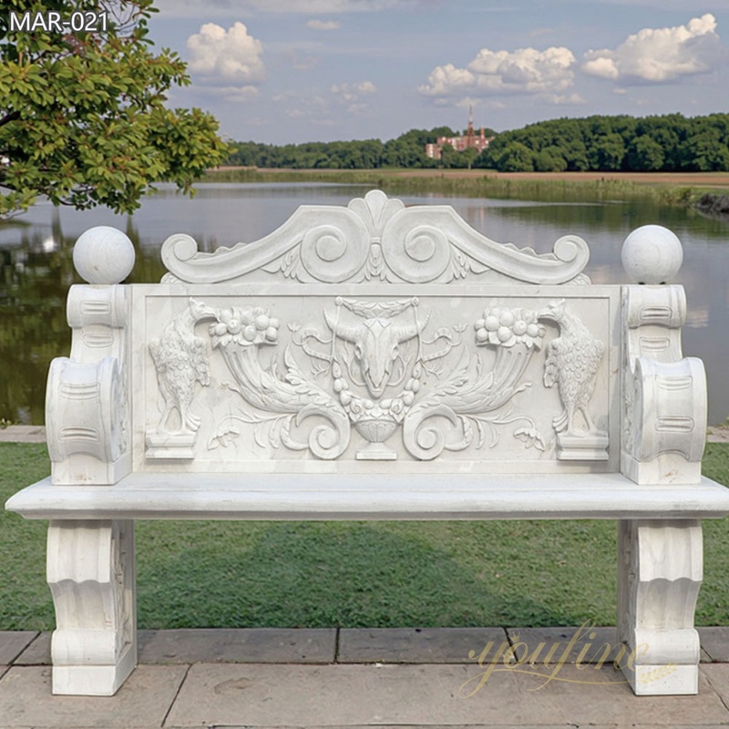 outdoor Marble White Bench with Ram and Bird Relief