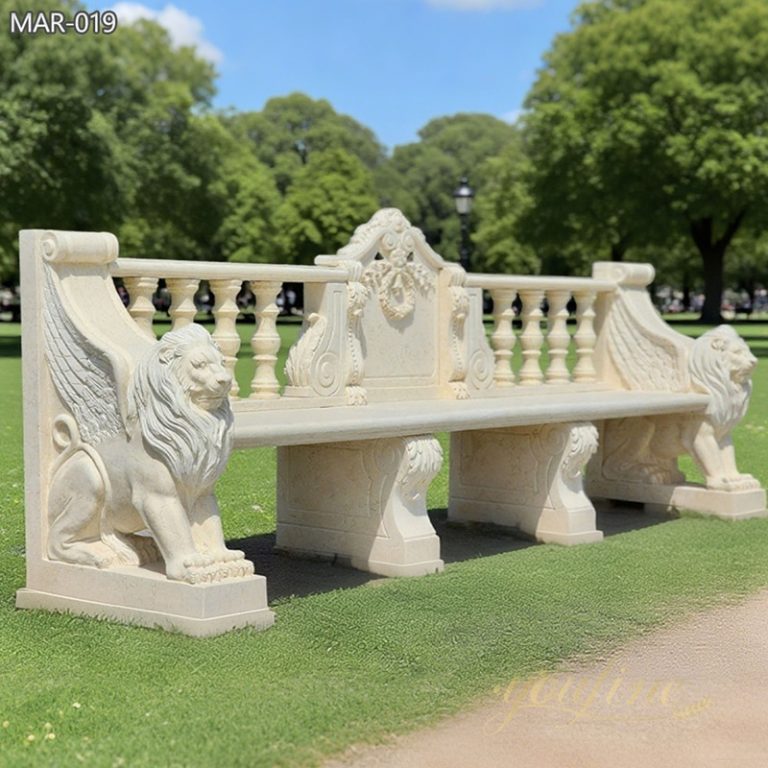 Natural Beige Marble Lion Bench for Garden
