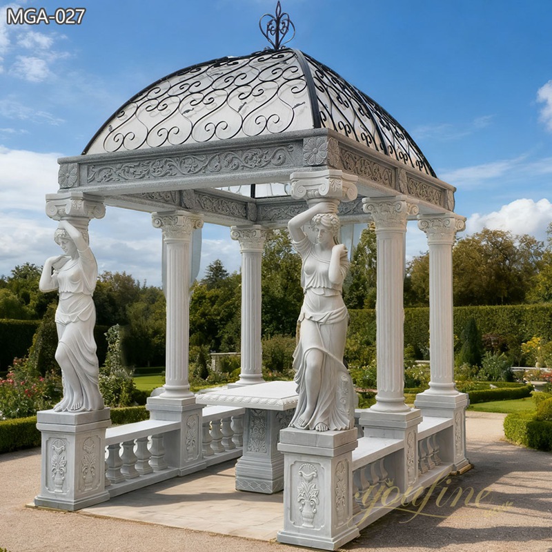 large Rectangular Marble Gazebo with Iron Top and Table