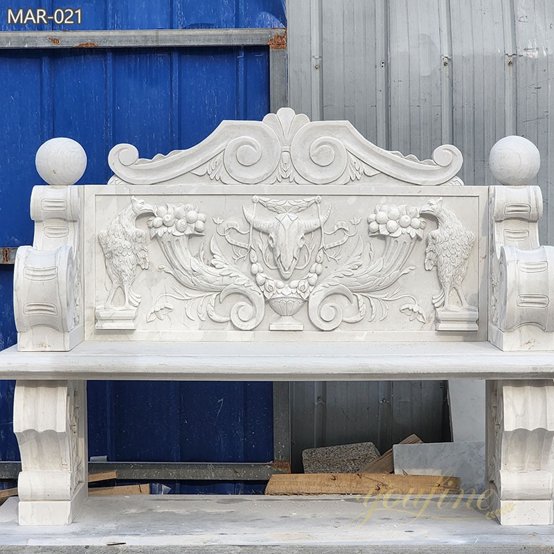 outdoor White Bench with Ram and Bird Relief