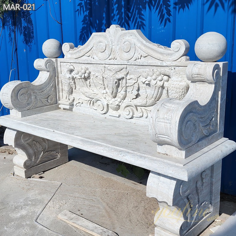 outdoor White Bench with Ram and Bird