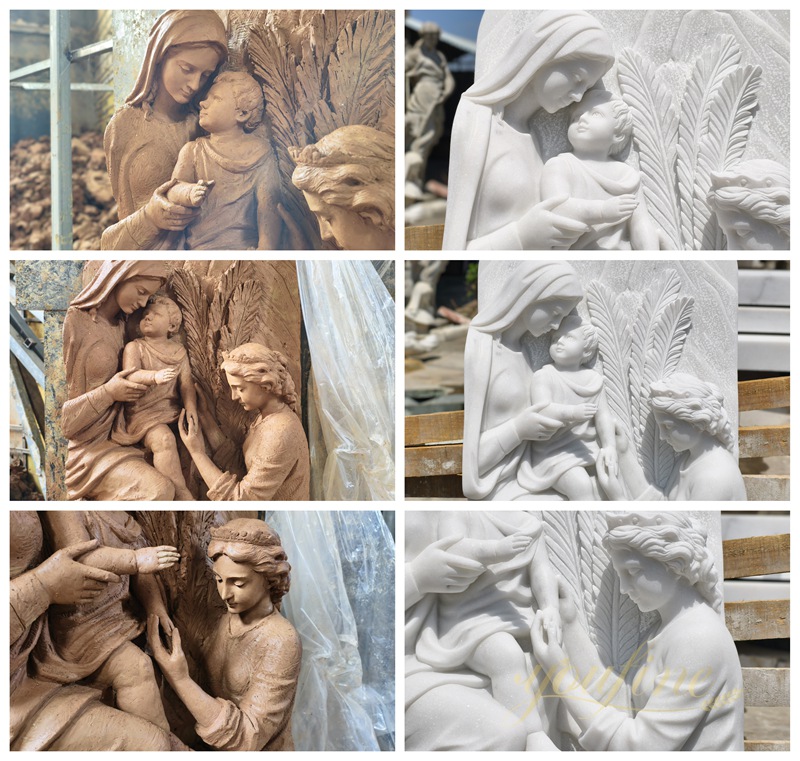 vivid clay model and White Marble Mary and Baby Jesus Religious Wall Relief