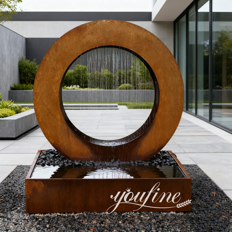 corten steel ring fountain sculpture