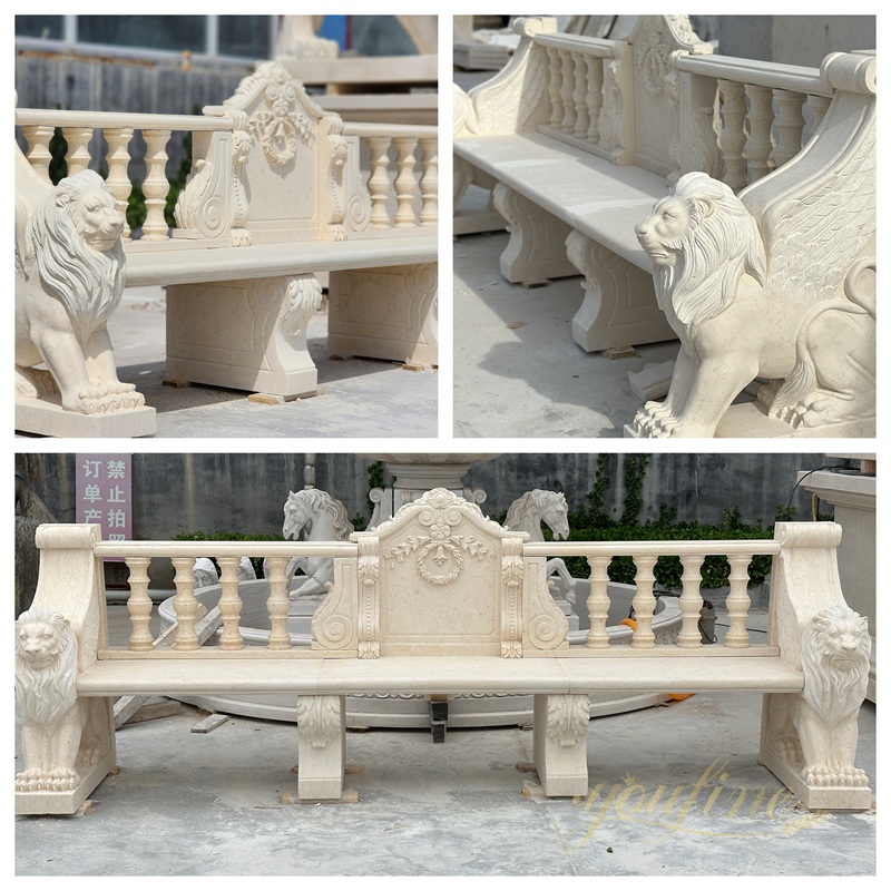 large details of Natural Beige Marble Lion Bench for Garden