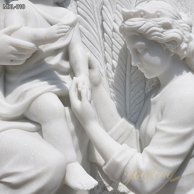 vivid details of White Marble Mary and Baby Jesus Religious Wall Relief