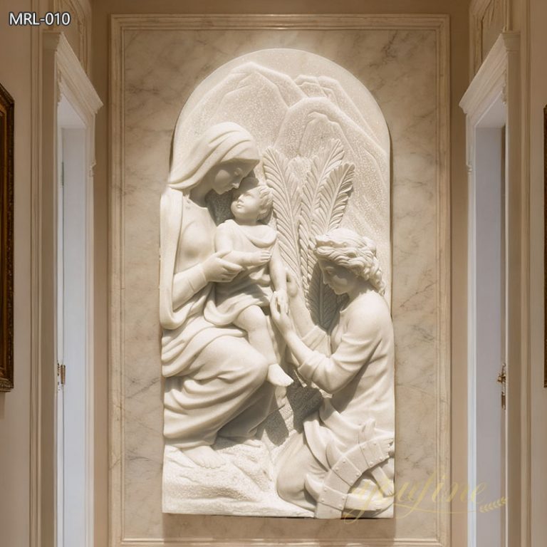 White Marble Mary and Baby Jesus Religious Wall Relief MRL-010