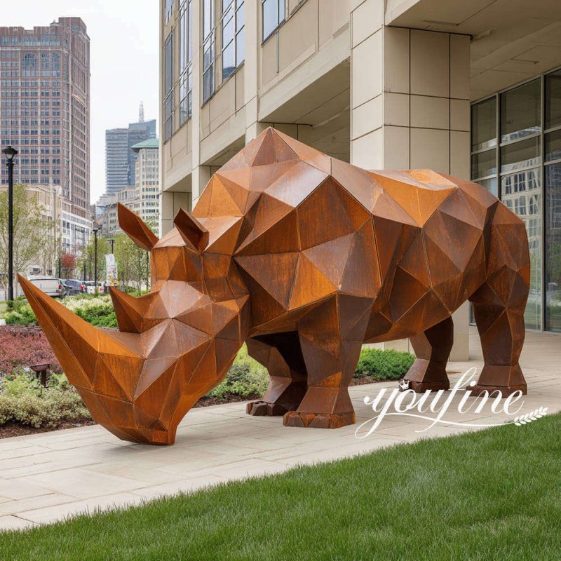 large corten steel rhino sculpture