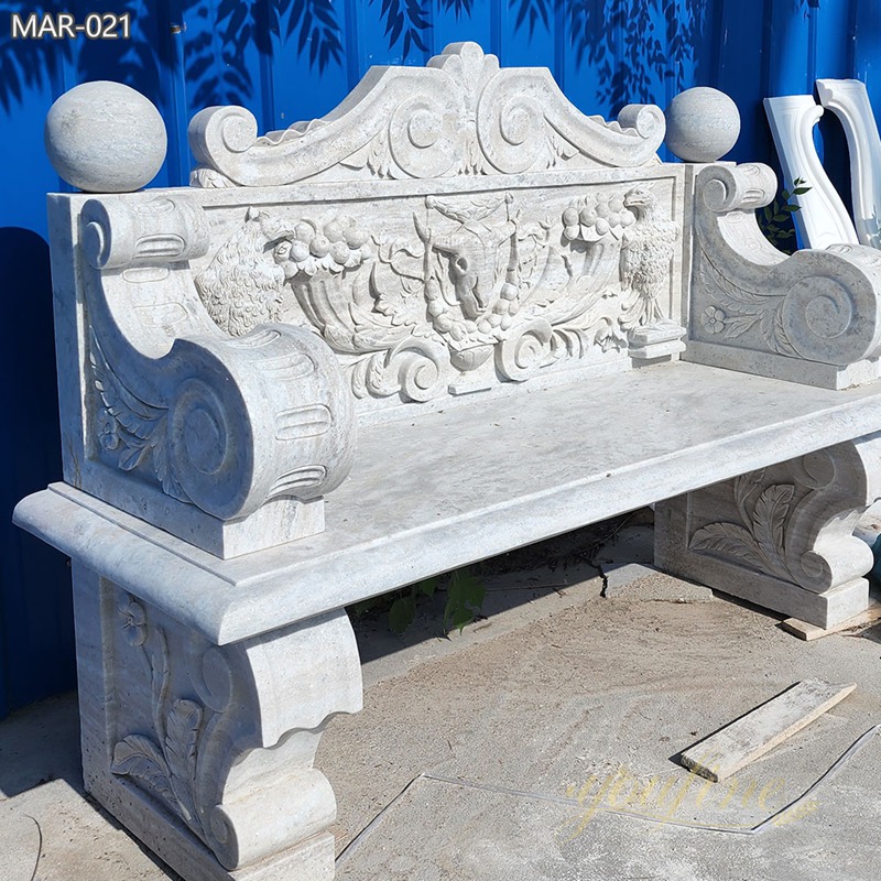 outdoor natural Marble White Bench with Ram and Bird Relief