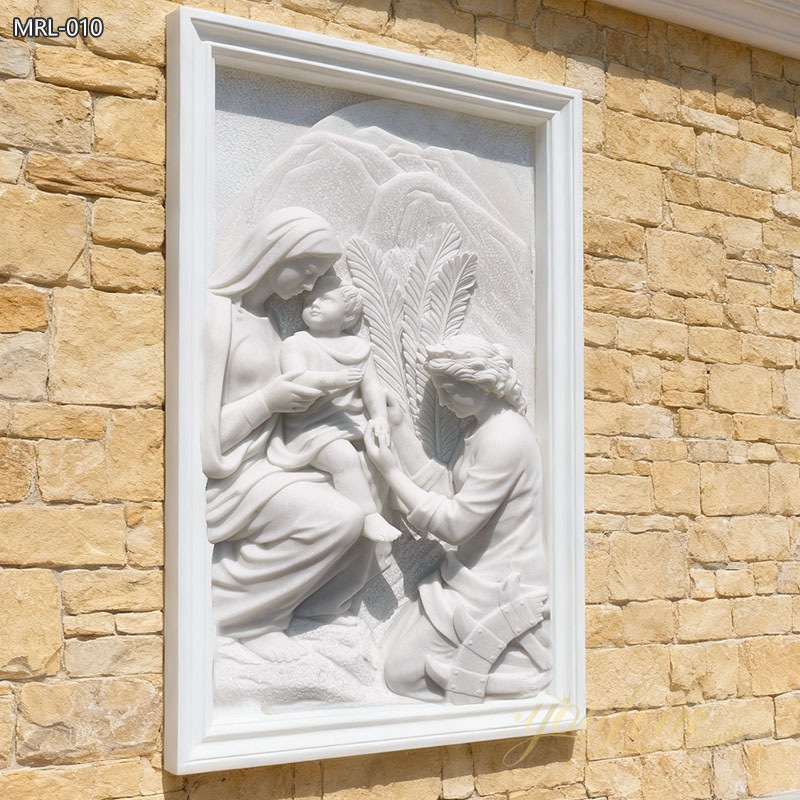 large outdoor White Marble Mary and Baby Jesus Religious Wall Relief