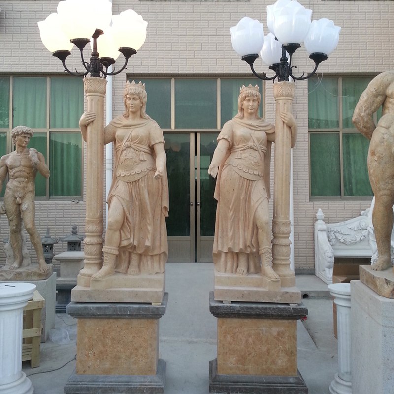 hand carved Beige Marble Warrior Statue lamp