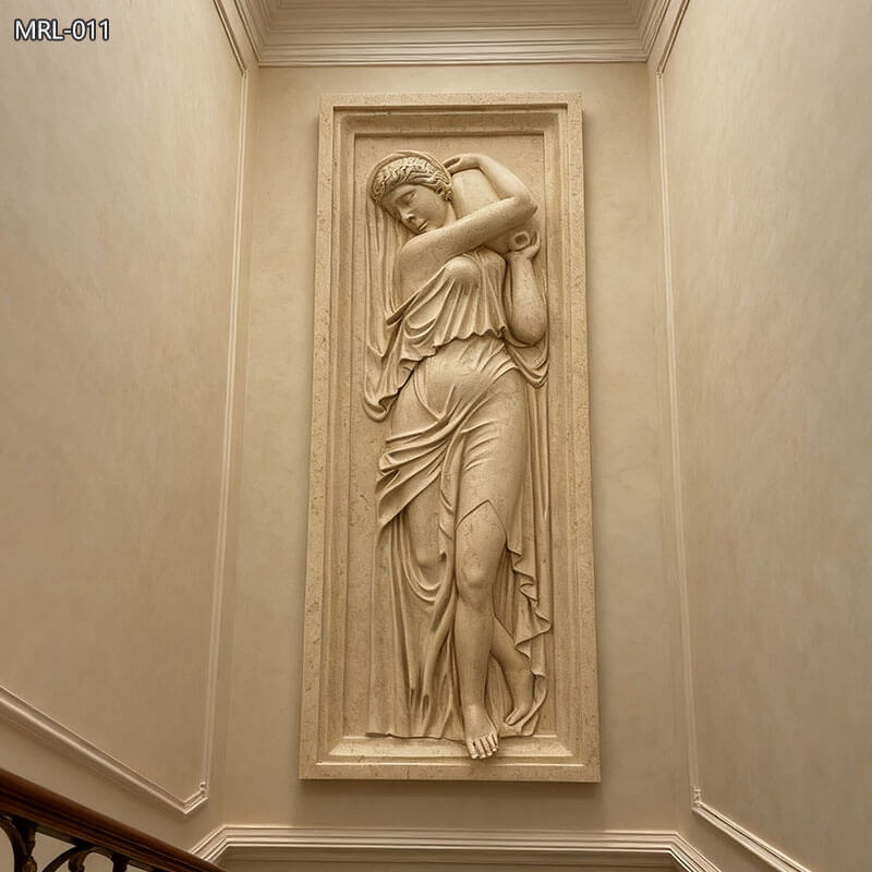 outdoor Carved Beige Marble Elegant Female Wall Relief