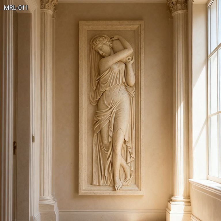 Hand Carved Beige Marble Elegant Female Wall Relief
