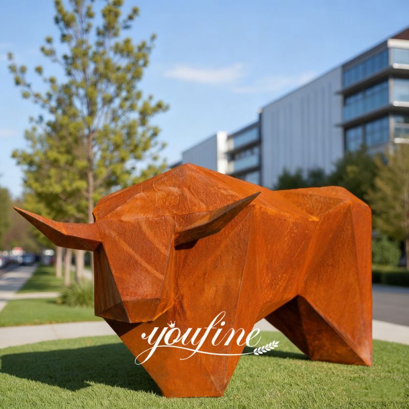 rustic corten steel bull sculpture