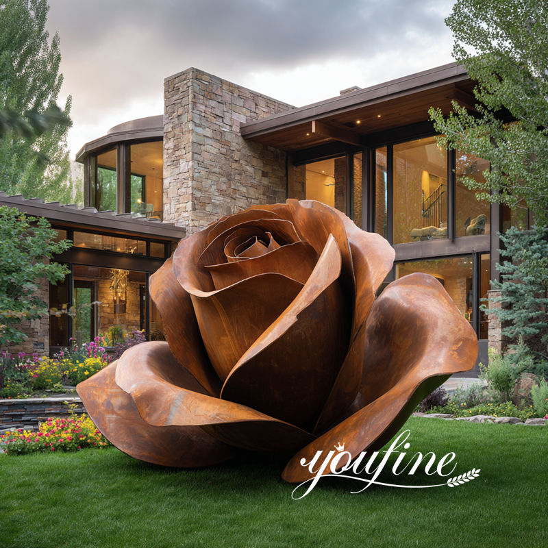 corten rose flower sculpture