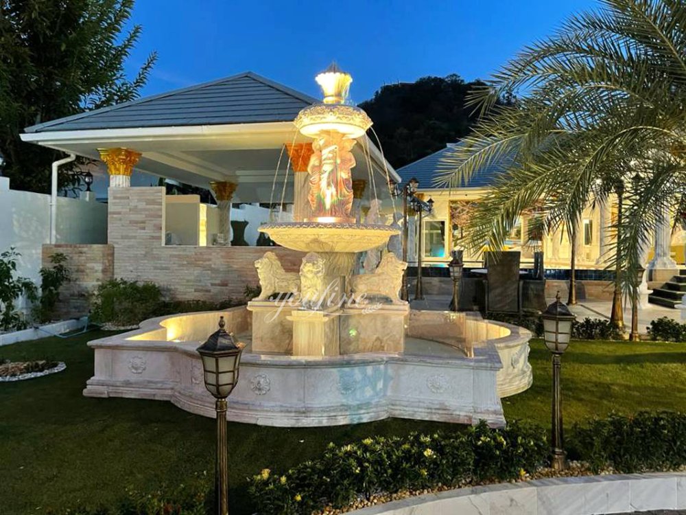 marble American walking lion sculpture and standing female sculpture tiered fountains with lighting feedback