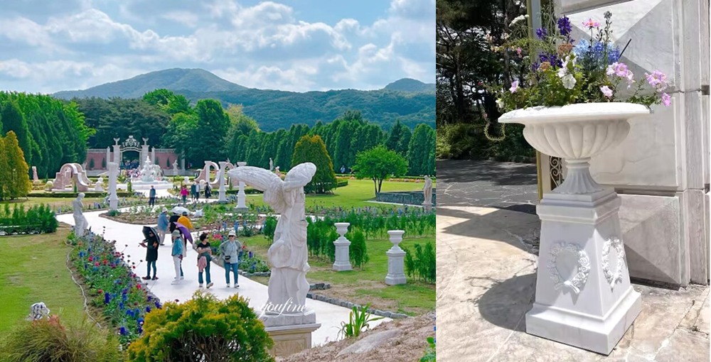 Korean Estate Marble Flower Pots and Angel Sculptures