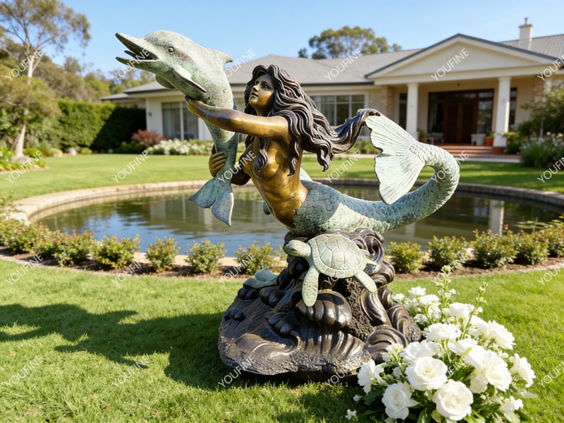 bronze Mermaid embracing dolphin sculpture